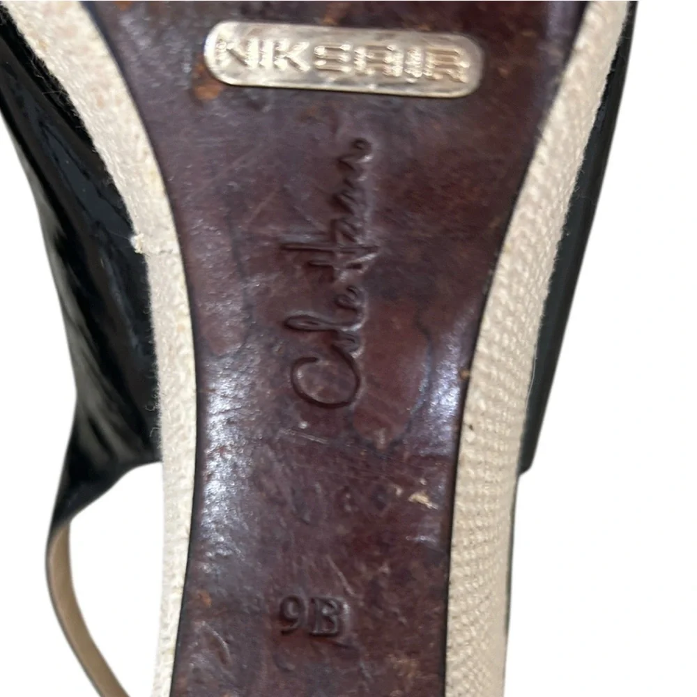 Cole Haan Black Patent Leather Wedge Slingbacks with Natural Woven Heel size 9